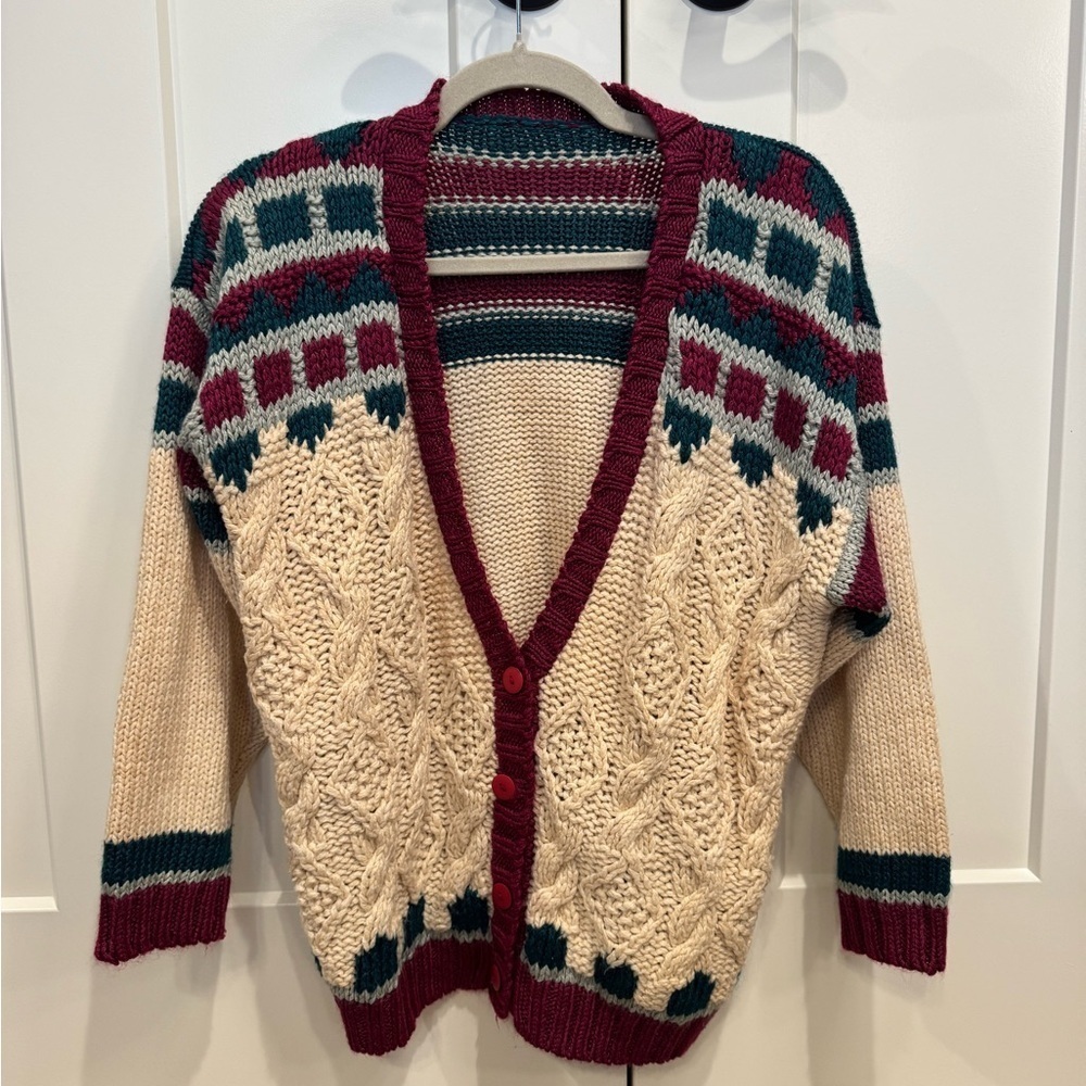 Vintage Cozy Cream and Burgundy Knit Sweater - Picture 2 of 4